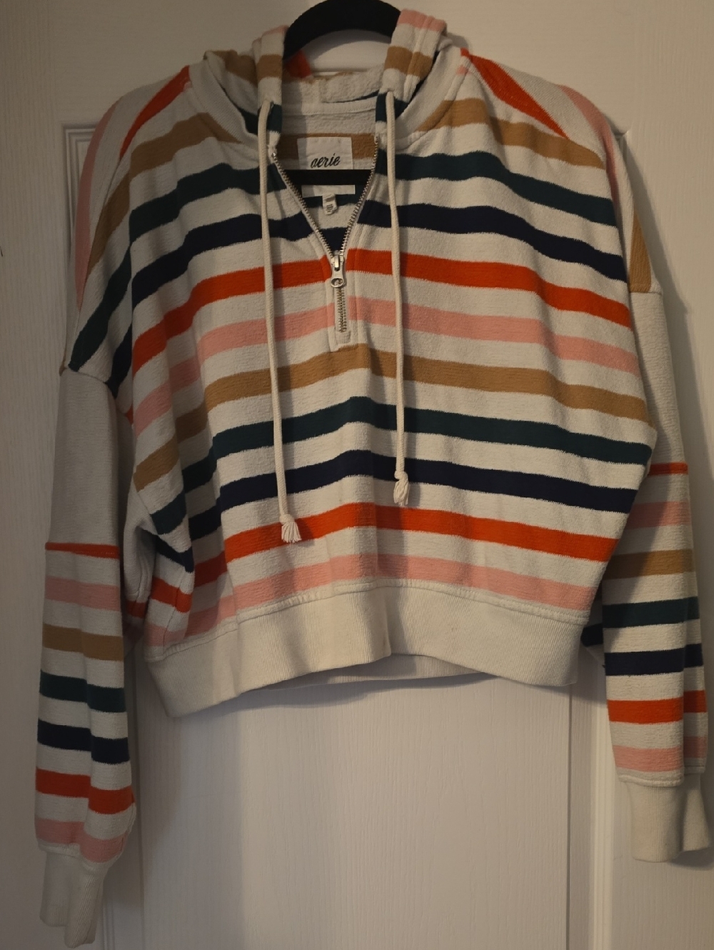 aerie Striped Cropped Half-Zip Hoodie in Cream, Navy, Coral, Pink & Tan-M
